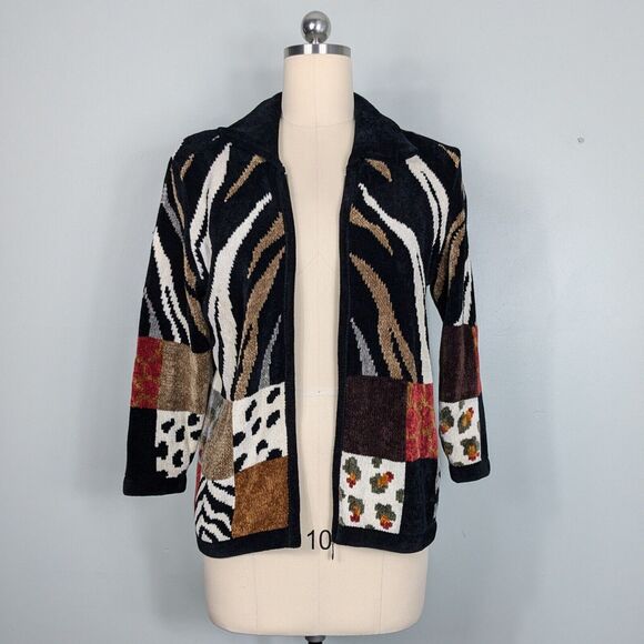 Vintage Cache Cardigan Sweater Full Zip Animal Print Velour Mob Wife Black Tan M - Picture 2 of 12